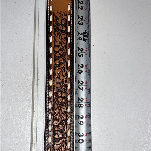 Ranch Pal Brown and Tan Tooled Leather Belt  size 38 armadillo, buckle - Picture 7 of 12